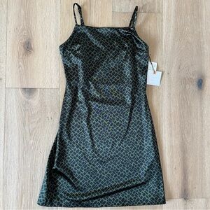 Olive green & black print satin mini dress Sz Small Originality *C24